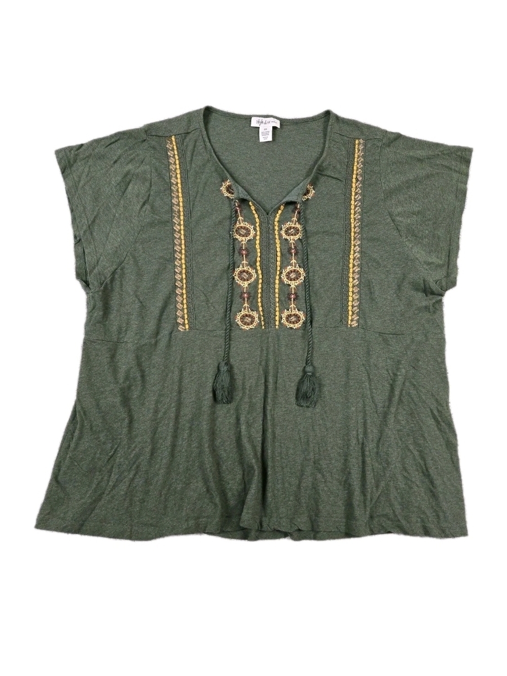 Style & Co Boho Top Green Embroidered Tassels Short Sleeves Festival Plus 3X